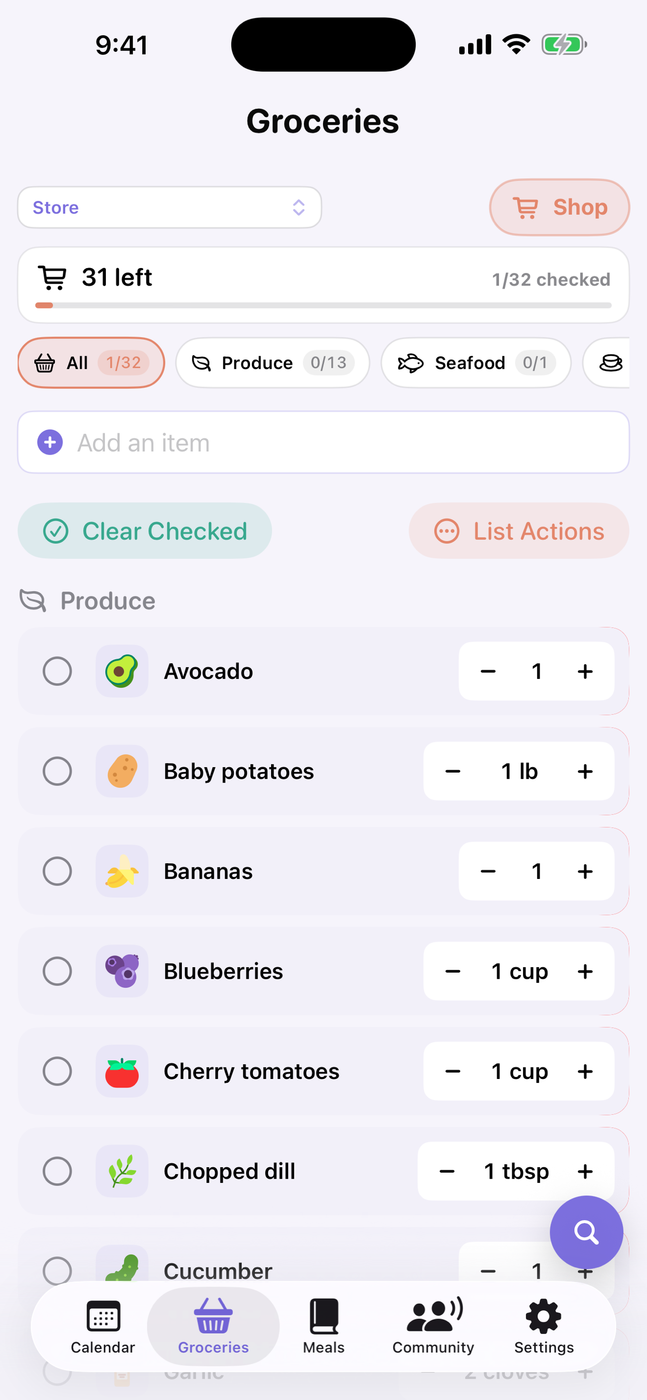 FigLeaf grocery list sorted by store aisle with quantities