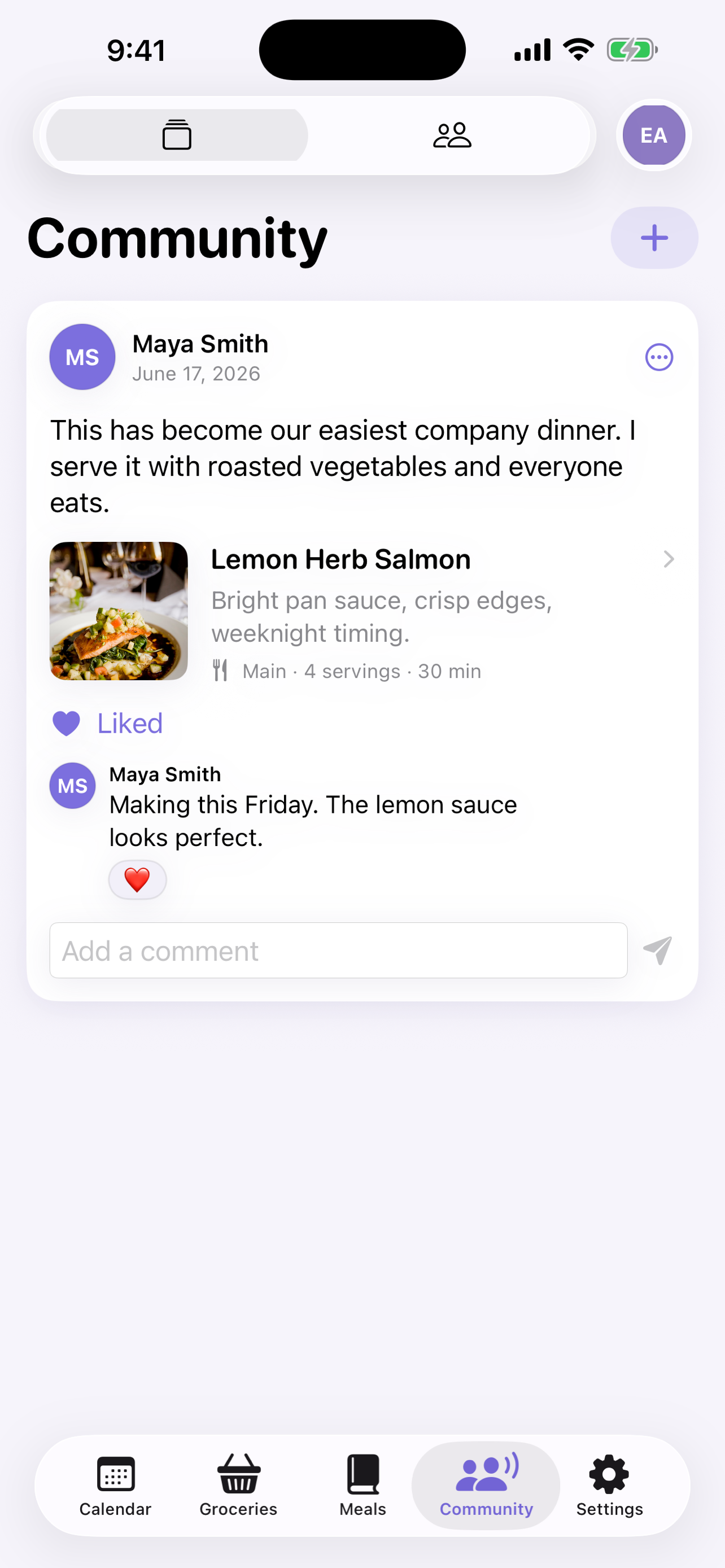 FigLeaf community feed with a shared recipe, comments, and reactions